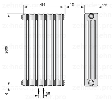 Схема (чертеж) Радиатор Zehnder Charleston 4200/9 №3470 Белый глянцевый RAL 9016